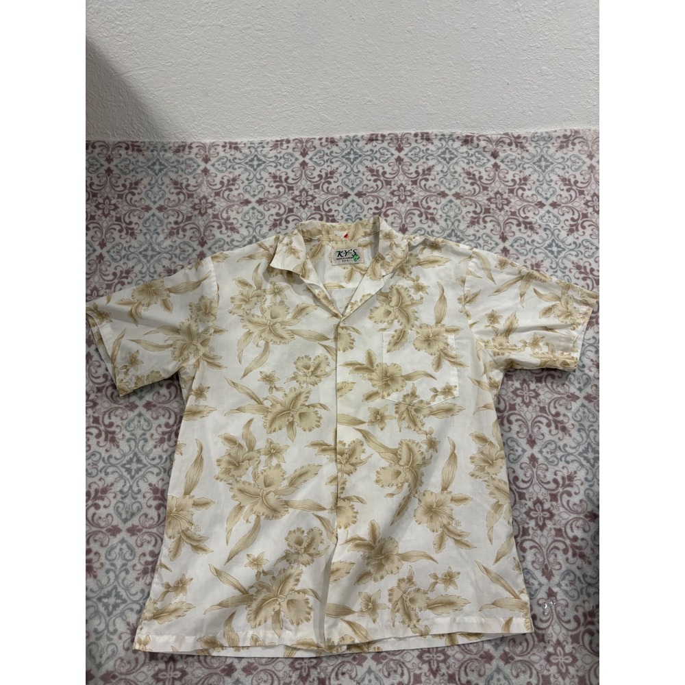 KY's Made in Hawaii Mens Floral Orchid Aloha Shirt Tan Cream XL